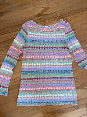 DYLAN Open Weave Crochet Top Multi-Colored Floral Long Sleeve 100% Cotton M